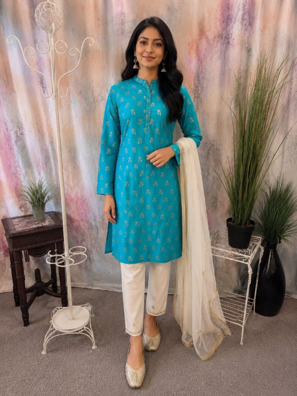 New 📌anouk  Indian Floral Printed  Straight  Mandarin Neck Kurta - Kurti